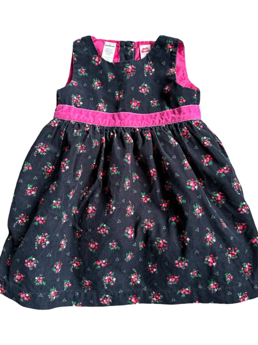 OshKosh B'gosh Black Pink Floral Corduroy Dress Size 18 Months EUC